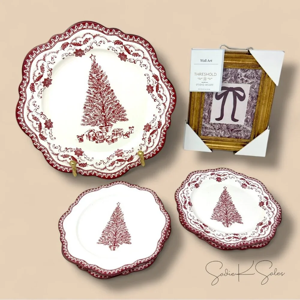 Studio McGee Stoneware Round Serving Platter Red w/ Toile Christmas Tree, Target